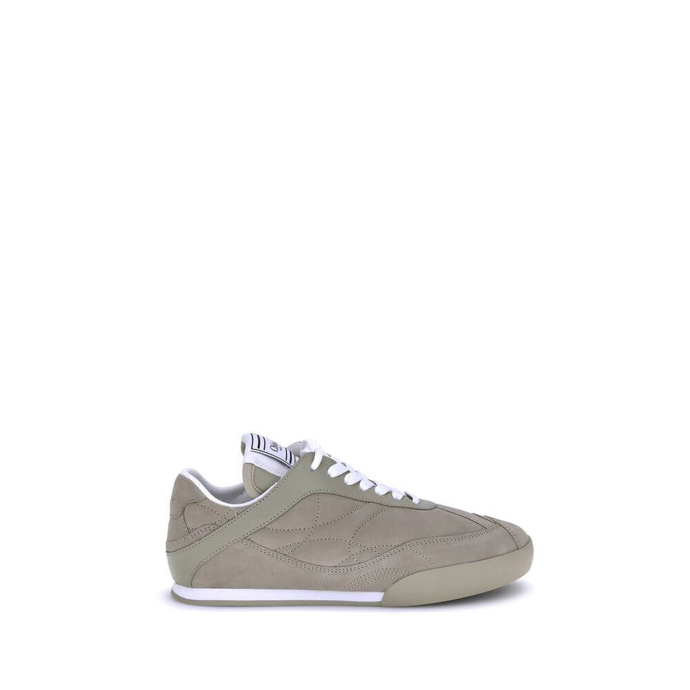 Chloé Beige Calf Leather Bos Taurus Low Top Sneakers with suede details and lace-up closure, side view on white background.