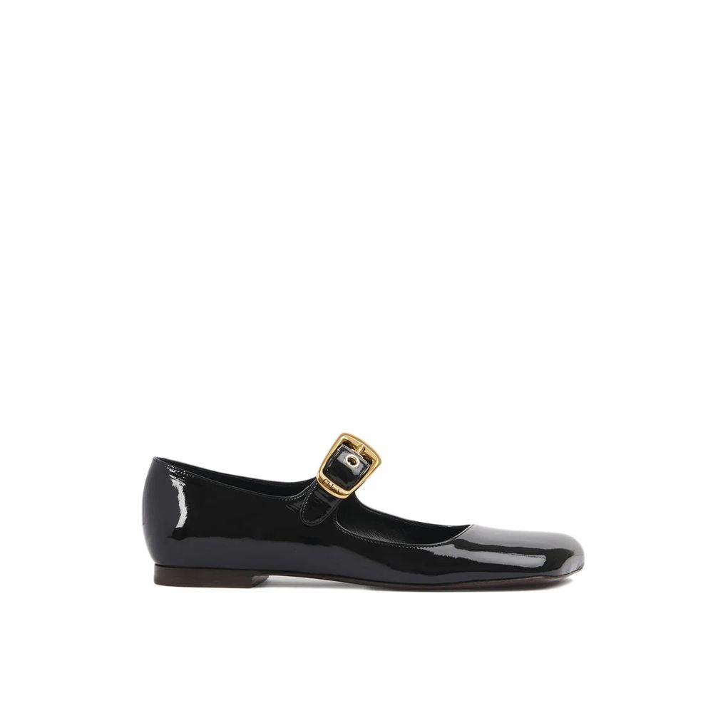 Chloé Chloè Mary-Jane Polly Ballerina Flats in patent leather with oversized gold buckle and asymmetrical toe design, side view.