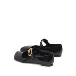 Chloé Chloè Mary-Jane Polly Ballerina Flats in black patent leather with gold buckle, asymmetrical toe, and branded insole