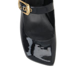 Chloé Chloè Mary-Jane Polly Ballerina Flats with gold buckle, asymmetrical toe, patent effect, and leather composition.