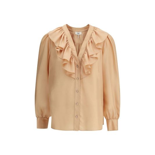 Chloé Ruffle Shirt in Habotai Silk with V-neckline and mother-of-pearl buttons, featuring elegant ruffles for a sophisticated look.