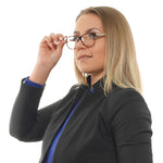 Woman wearing Christian Lacroix Brown Women Glasses Frame with square acetate full-rim design, demo lenses, and brown color.