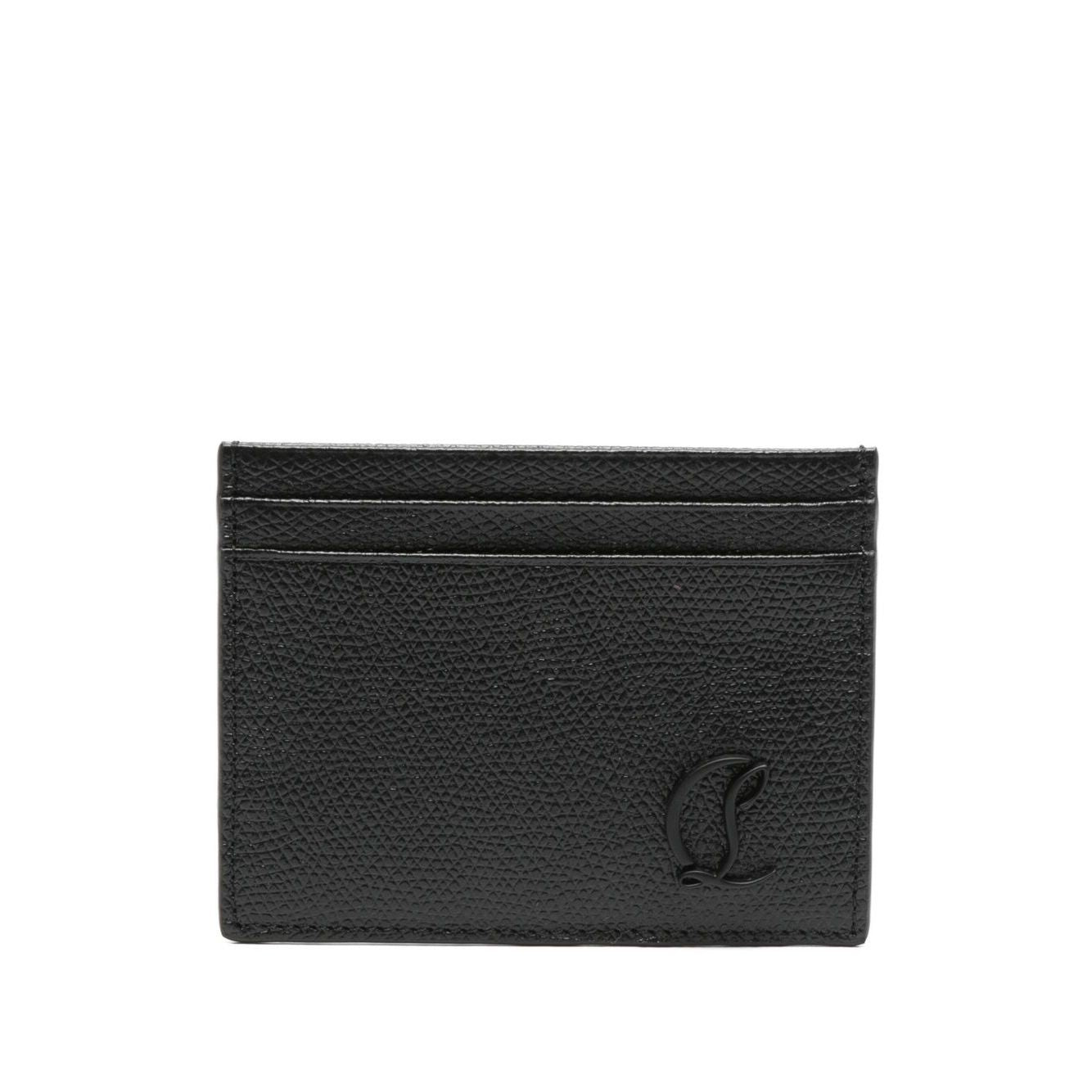 Christian Louboutin Mooncrest leather card case in black calf leather, embossed logo, multiple card slots, grained texture.