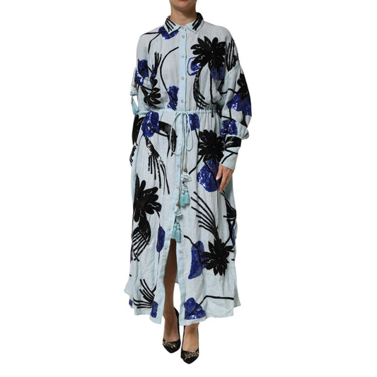 Christian Pellizzari Blue Sequin Embellished Shirt Maxi Dress