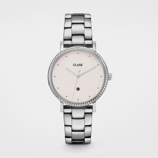 Cluse Silver Stainless Steel Bracelet Watch with white dial, analog quartz movement, and mineral glass.
