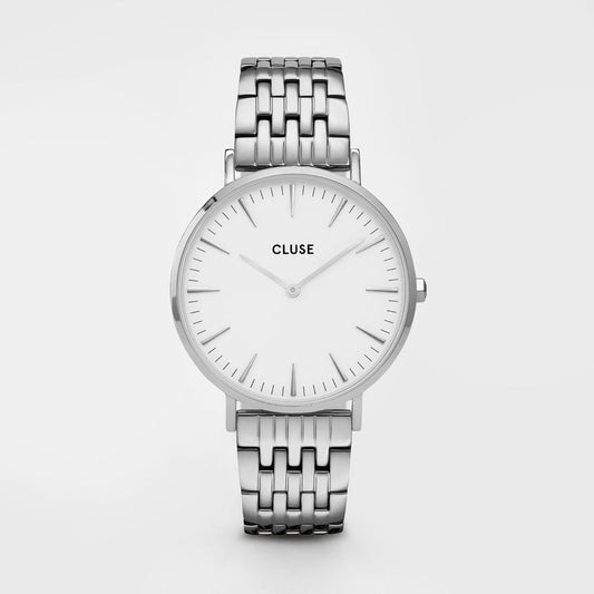 Cluse Silver Stainless Steel Dress Watch with quartz mechanism, analog display, and 38mm dial, featuring a silver stainless steel bracelet.