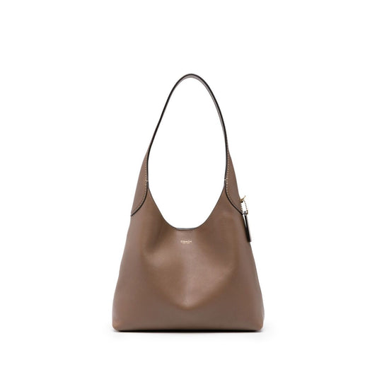 Coach Brooklyn leather hobo bag in light brown calf leather with single shoulder strap and logo pendant, front view
