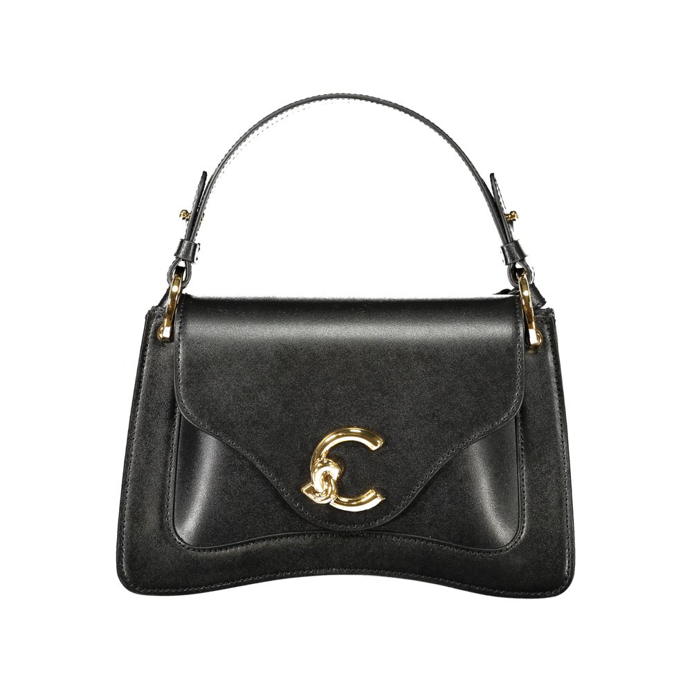 Coccinelle Black Leather Women Handbag with single shoulder handle and swivel closure, featuring Coccinelle logo and internal pockets.