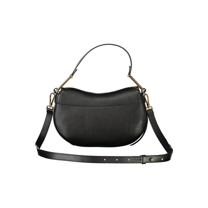 Coccinelle Black Leather Women Handbag with shoulder strap and gold hardware, showcasing modern design and elegance.