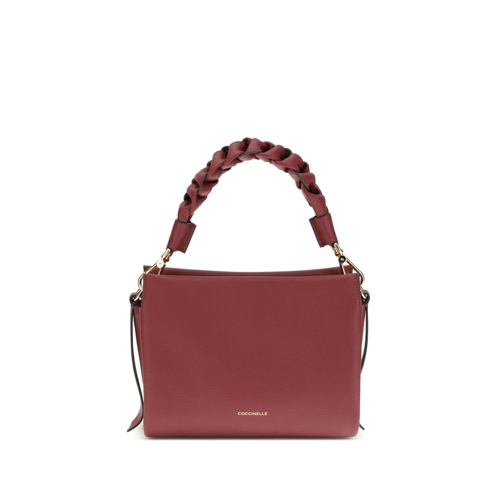 Coccinelle Bordeaux Calf Leather Bos Taurus Shoulder Bag with braided handle and adjustable strap displayed