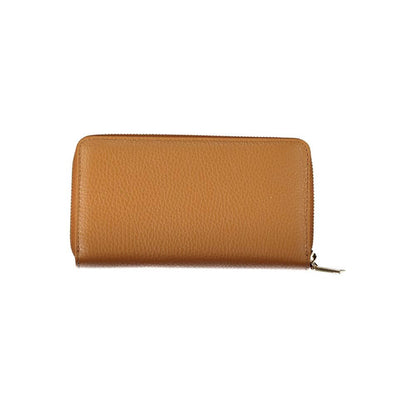 Coccinelle Brown Leather Wallet with zip closure, 5 compartments, coin purse, and card spaces, featuring the brand's logo.