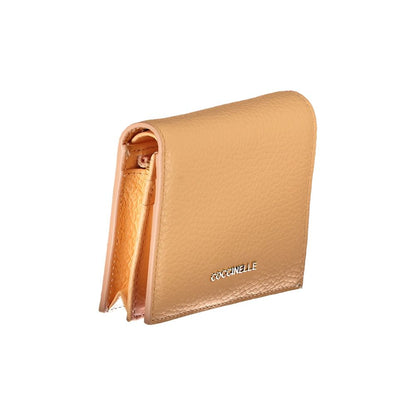 Coccinelle Orange Leather Wallet with two compartments, coin purse, card slots, and logo. Features zip and automatic closure for secure storage.