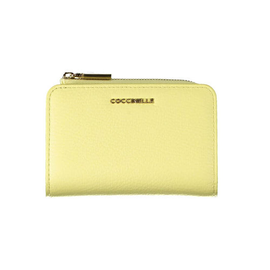Coccinelle Yellow Leather Wallet with double card spaces, zip and automatic closure, featuring logo and coin purse.