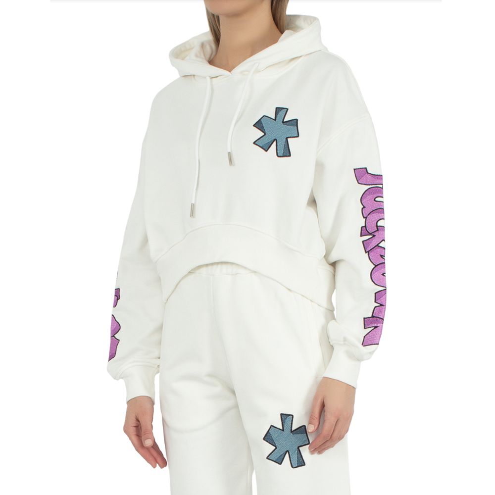 Comme Des Fuckdown White Cotton Sweater with logo embroidery, featuring a hood and drawstring, worn by a model.