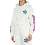Comme Des Fuckdown White Cotton Sweater with logo embroidery, featuring a hood and drawstring, worn by a model.