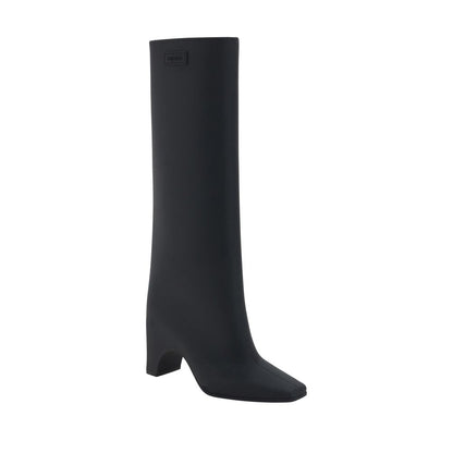 Coperni Black Rubber Over The Knee high fashion boots with square toe and geometric heel, featuring the iconic brand monogram.