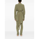 Back view of Cortana Cortana Serp Silk Jumpsuit in olive green with tied waist, V-neck, and long sleeves, showcasing the draped design.