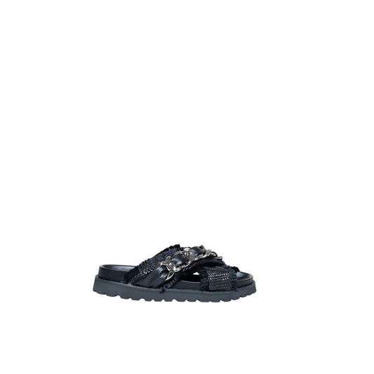 Cult Black Polyethylene Sandals with woven-effect straps and metal chain, featuring a thick treaded sole for durability and comfort.