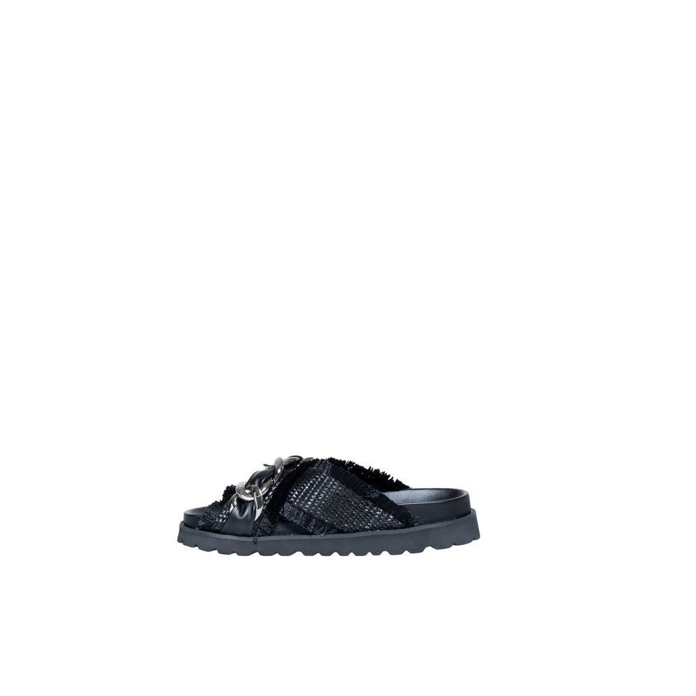 Cult Black Polyethylene Sandals with woven-effect straps and metal chain on thick treaded sole, side view.