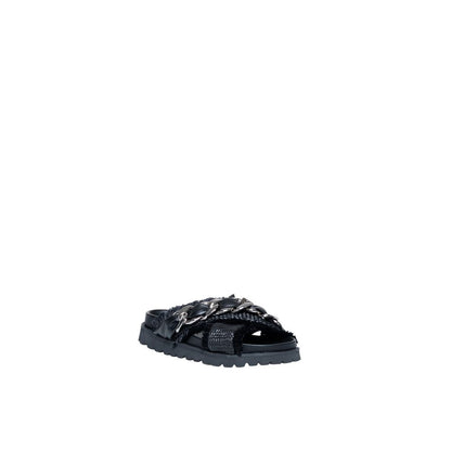 Cult Black Polyethylene Sandals with woven-effect straps and metal chain on a thick treaded sole