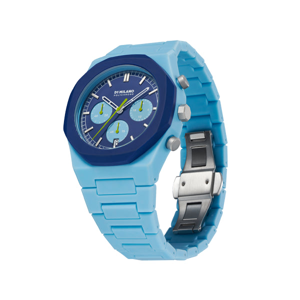 D1 MILANO Mod. POLYCHRONO BLUE BLAST wristwatch, polycarbonate blue strap, 40.5mm case, 5 ATM water resistant, quartz movement chronograph.
