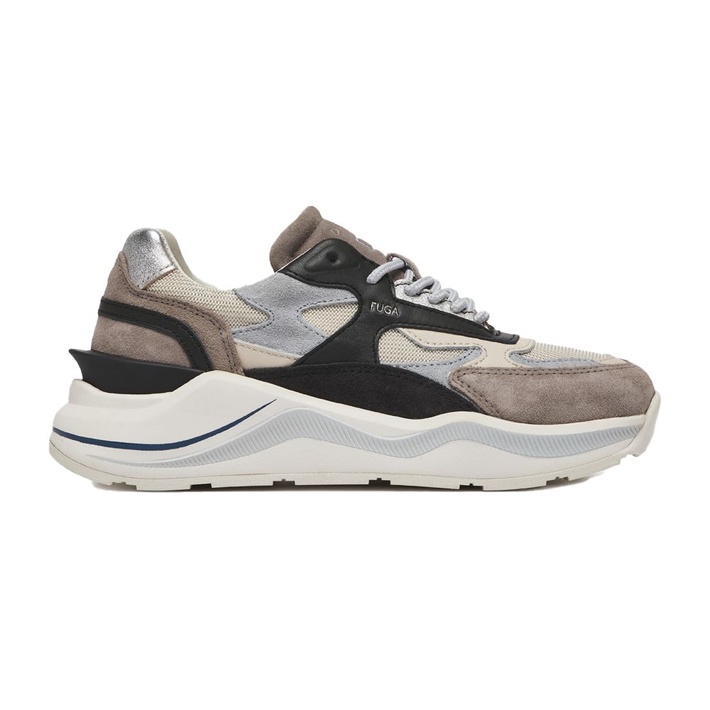 D.A.T.E Beige Leather Sneaker in beige fabric with brown suede and metalized heel, highlighting stylish design and comfort.