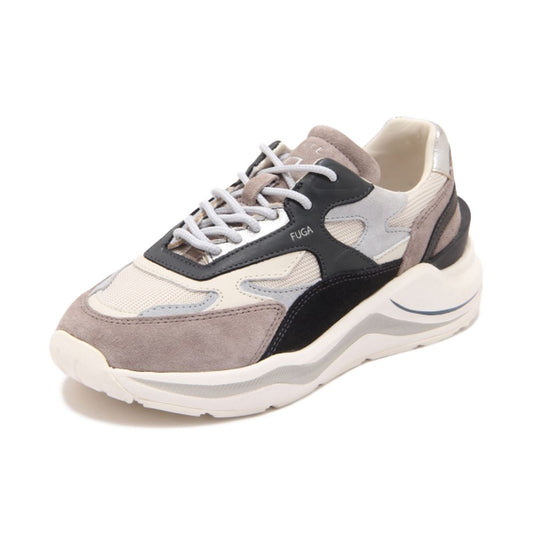 D.A.T.E Beige Leather Sneaker with brown suede inserts and metalized heel on white background.