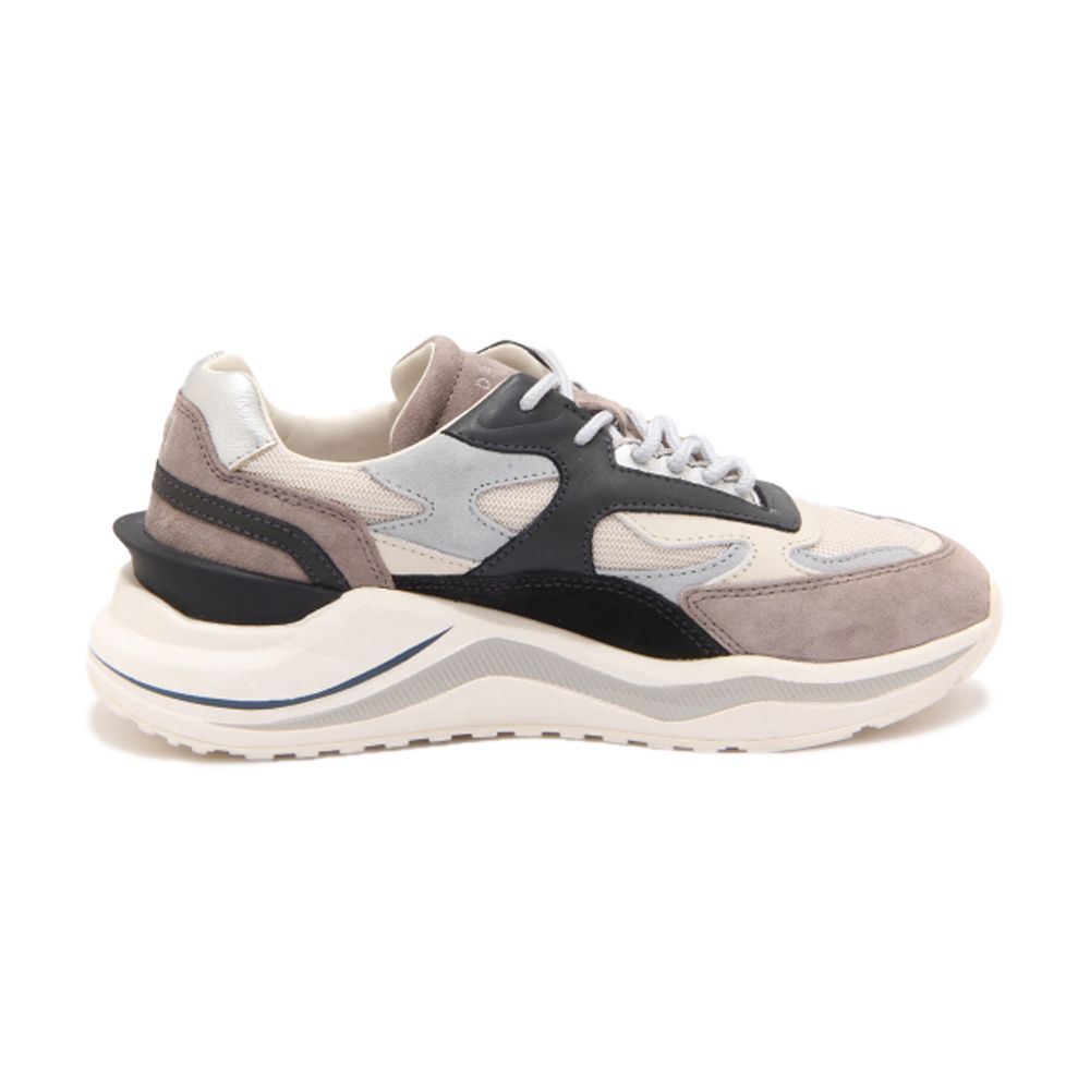 D.A.T.E Beige Leather Sneaker with brown suede inserts and metalized heel, showcasing modern running shoe design.