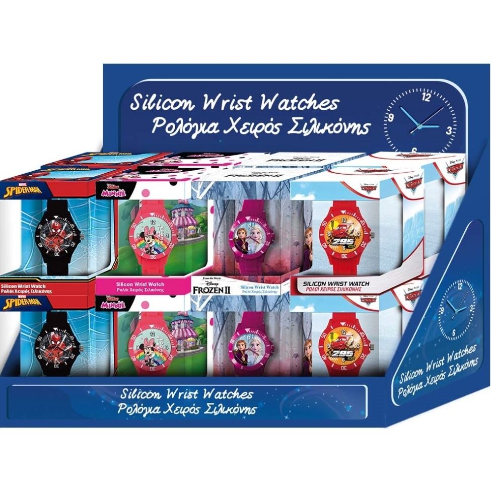 Display of Disney silicon wrist watches with various character designs, boxed in official packaging.