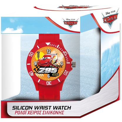 Disney Pixar Cars red silicone wrist watch featuring Lightning McQueen with official packaging.