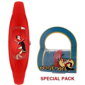 Olive Oyl themed watch in red with character imagery, displayed in special packaging. Quartz analog, 3 ATM water resistant.