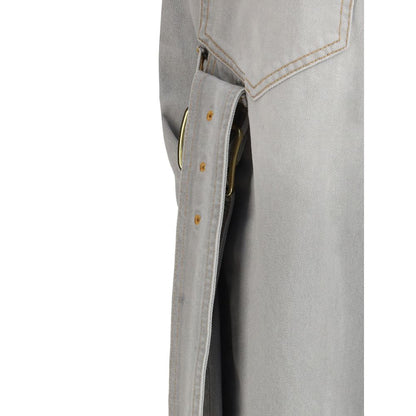 Close-up of Darkpark Gray Cotton Relaxed Fit Jeans with frayed hem and gold hardware detailing.