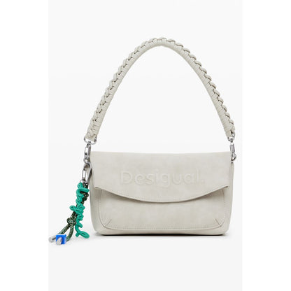 Desigual Beige Polyethylene Women Handbag with embossed logo, braided handle, and decorative tassels, featuring chic design details.