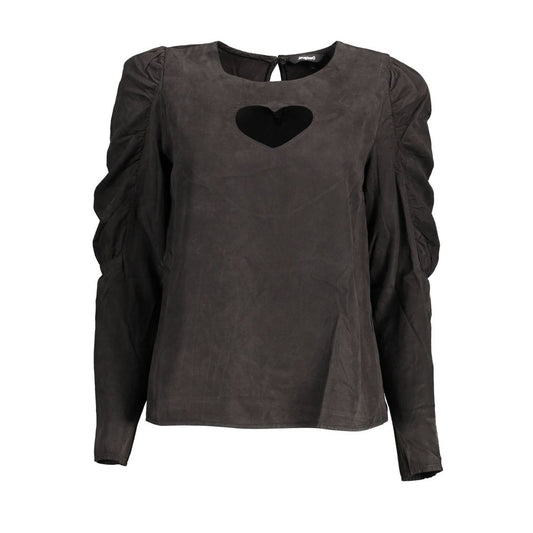 Desigual Black Lyocell Shirt with long sleeves, round neck, and contrasting details featuring a logo.