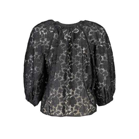 Desigual Black Polyester Shirt with long sleeves, V-neck, contrast details, and buttons, featuring intricate lace design.