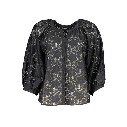 Desigual Black Polyester Shirt with long sleeves, V-neck, contrast details, and buttons. Elegant and stylish for any occasion.