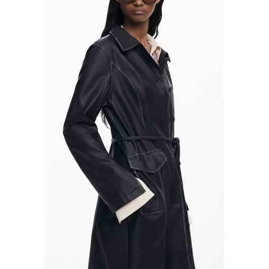 Desigual Black Polyethylene Women Coat with contrasting accents and waist-cinching belt, showcasing bold sophistication and elegance.