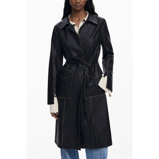 Desigual Black Polyethylene Women Coat with contrasting accents and waist belt for bold sophistication and elegance.