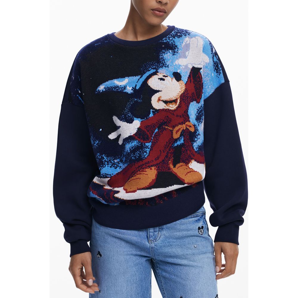 Desigual Blue Cotton Women Sweater featuring Mickey print and vibrant designs on a model, showcasing its playful and chic aesthetic.