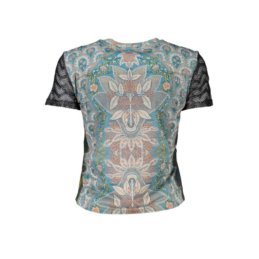 Desigual Blue Polyester Women T-Shirt with dynamic print and short sleeves, showcasing vibrant energy and unique design.