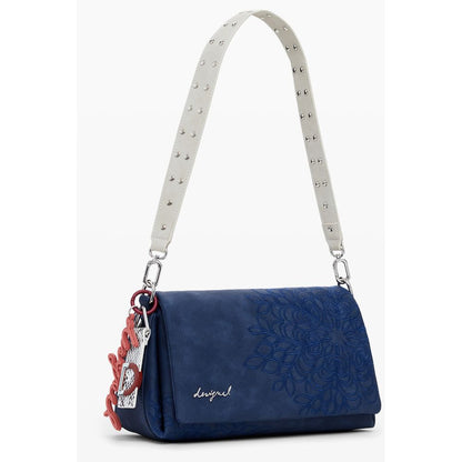 Alt Tag: Desigual Blue Polyethylene Women Handbag with embroidery, adjustable strap, and external pocket for style and functionality.