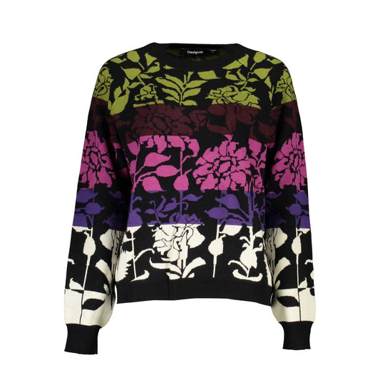 Desigual Chic Long-Sleeved Black Sweater with Contrast Details, featuring floral patterns and vibrant colors on high-quality fabric.