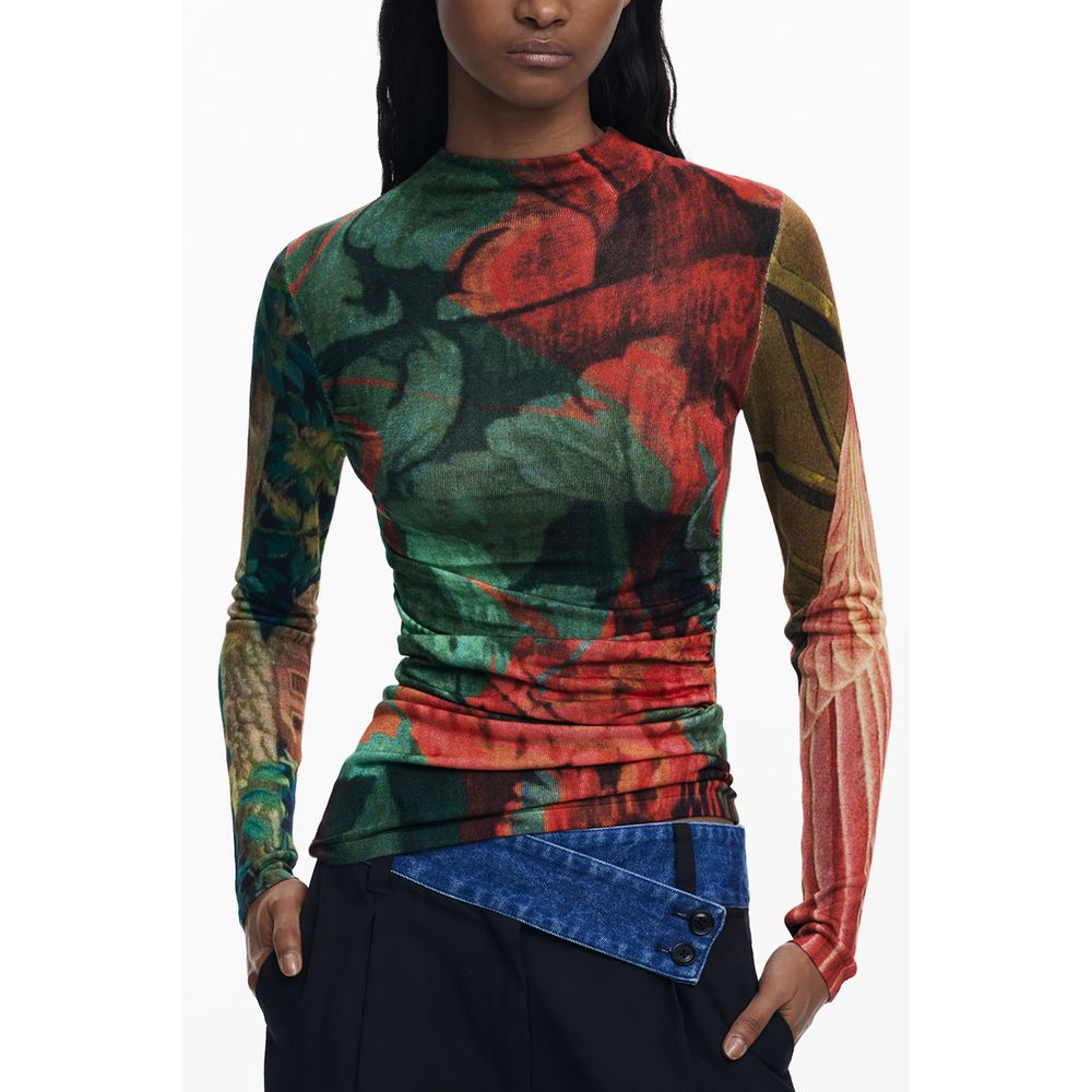 Model wearing Desigual Green Viscose Women Sweater from Lacroix Jersey collection with colorful patterns and turtleneck design.