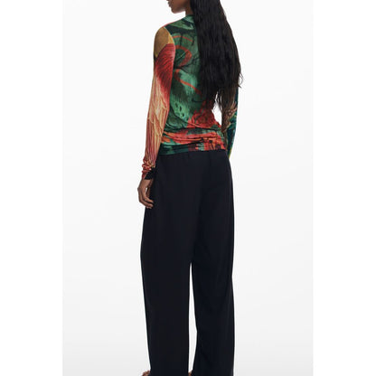 Back view of model wearing Desigual Green Viscose Women Sweater with colorful patterns and long sleeves, showcasing modernist chic.