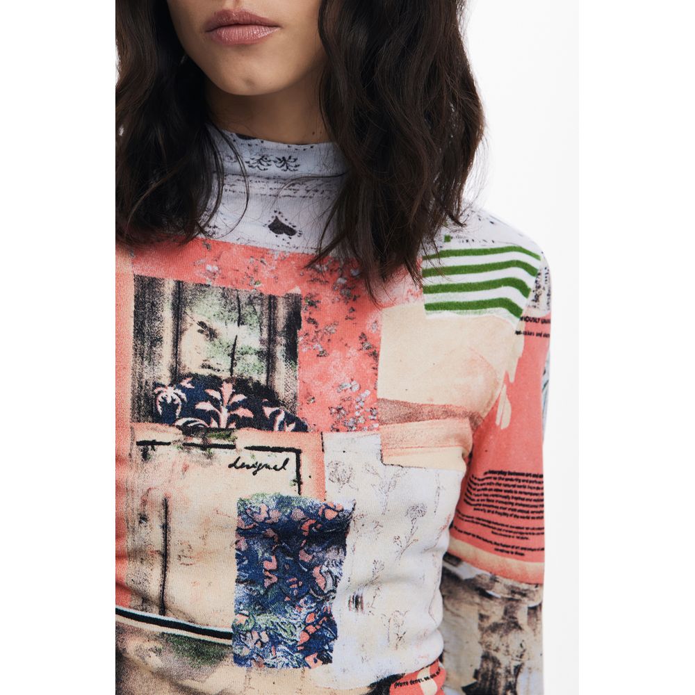 Woman wearing Desigual Pink Viscose Women Sweater with bold patterns and unique turtleneck design.