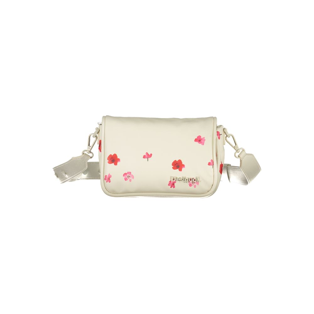 Desigual White Polyethylene Handbag with floral pattern, removable chain handle, adjustable strap, contrast details, and logo.