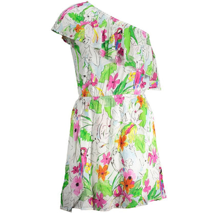 Desigual White Viscose Women Dress with floral print and one-shoulder design, featuring an elastic waist and playful accents.