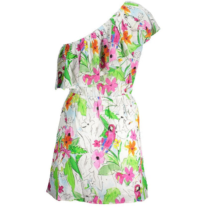 Desigual White Viscose Women Dress with floral one-shoulder design, elastic waist, and playful details.