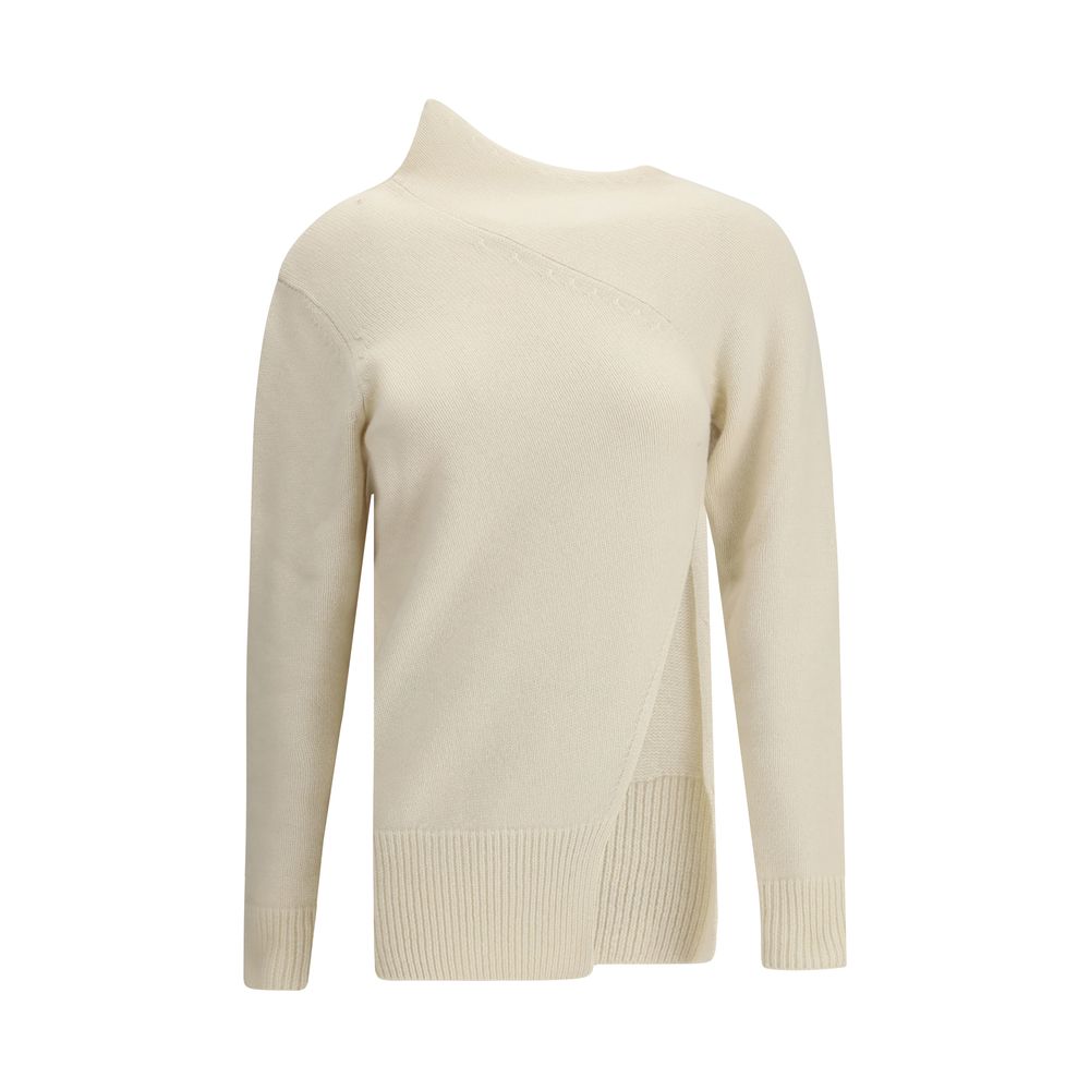 Di Stavnitser White Cashmere Sweatshirt with high collar, ribbed cuffs, asymmetrical seams, and side slit in modern design.