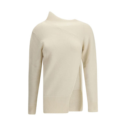 Di Stavnitser White Cashmere Sweatshirt with high collar, ribbed cuffs, asymmetrical seams, and side slit in modern design.